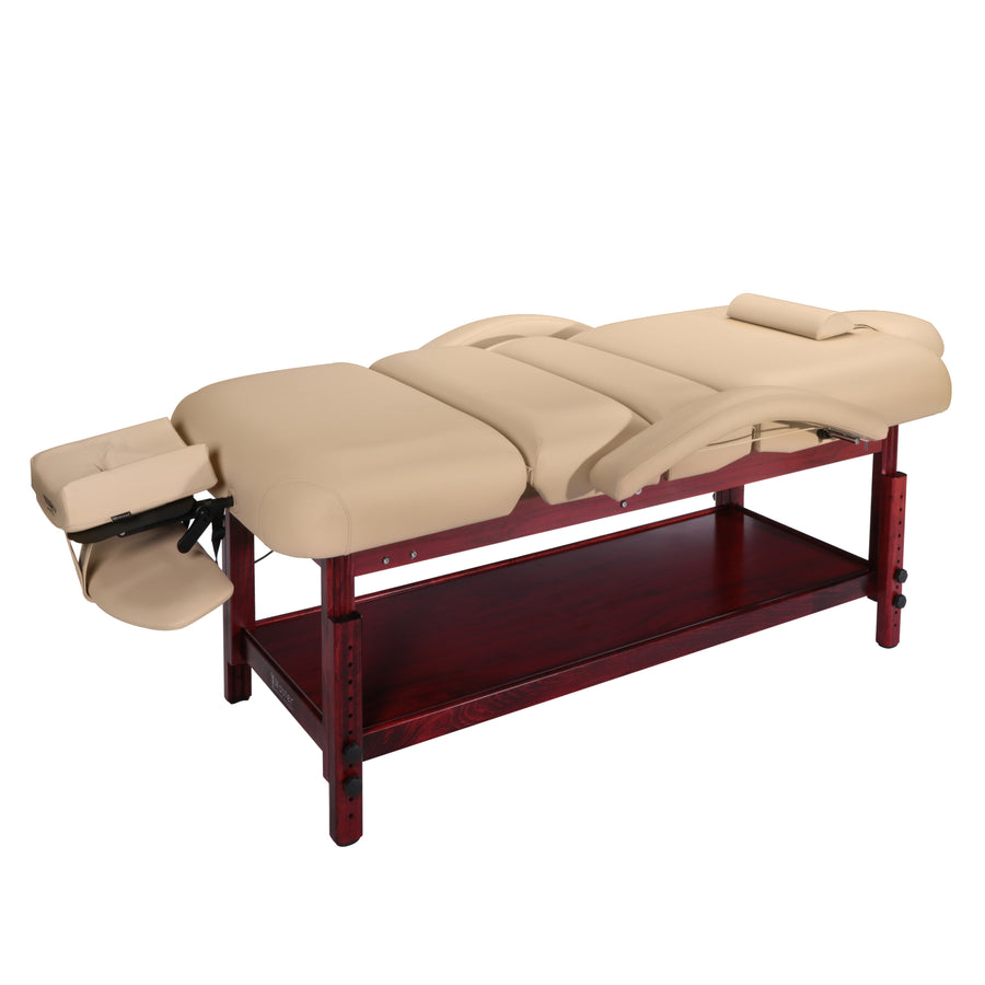 Master Massage 30" Claudia Stationary Massage Table Spa Salon Beauty Bed with Pneumatic Tilting Backrest and Leg Rest, Cream with Mahogany Legs
