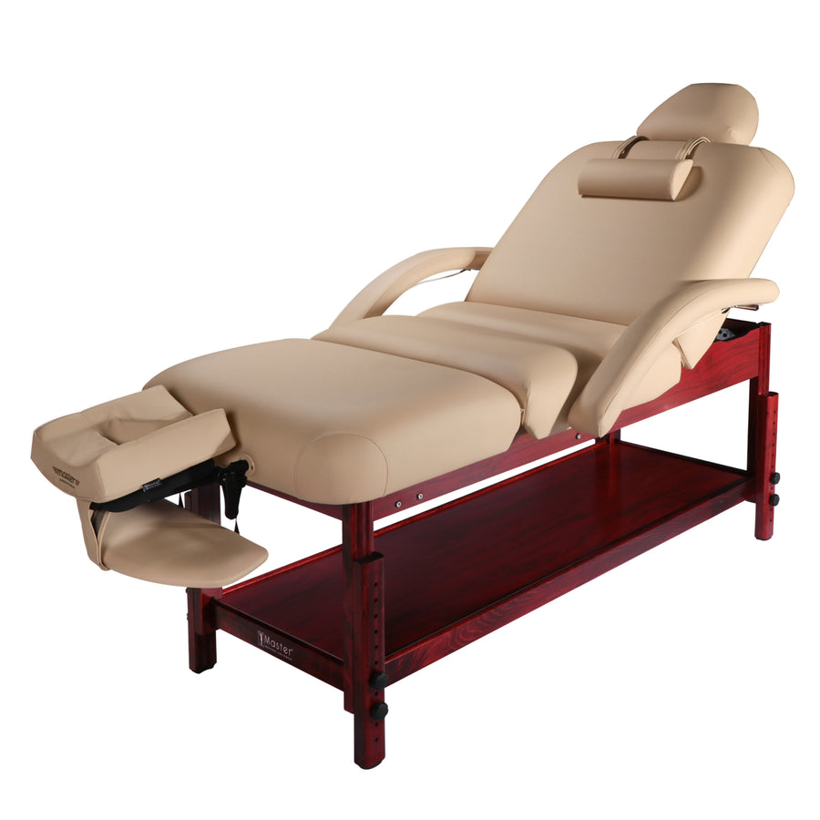 Master Massage 30" Claudia Stationary Massage Table Spa Salon Beauty Bed with Pneumatic Tilting Backrest and Leg Rest, Cream with Mahogany Legs