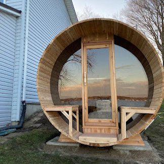 Dundalk Leisurecraft Canadian Timber Tranquility MP Barrel Sauna - Black Asphalt Shingle Roof (Includes Trim) Barrel Sauna