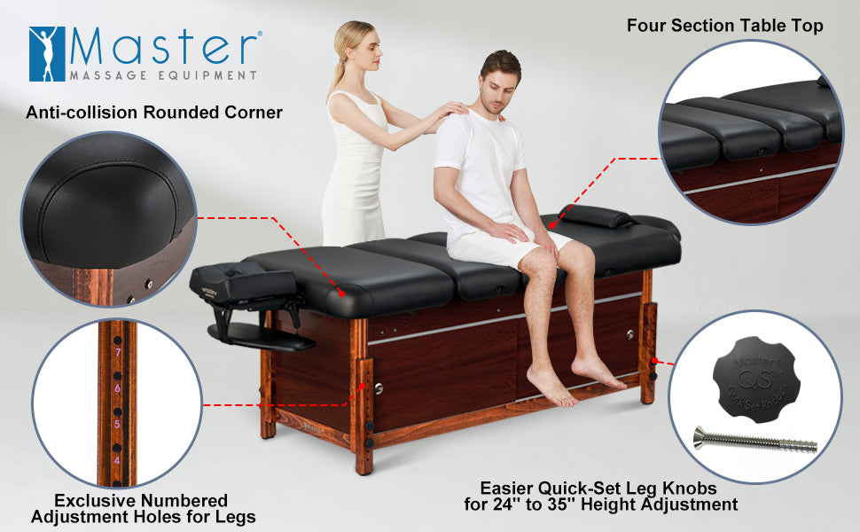 Master Massage 30" Cabrillo Stationary Massage Table Spa Salon Beauty Bed with Cabinet, Pneumatic Backrest and Leg Rest, Black with Walnut Legs
