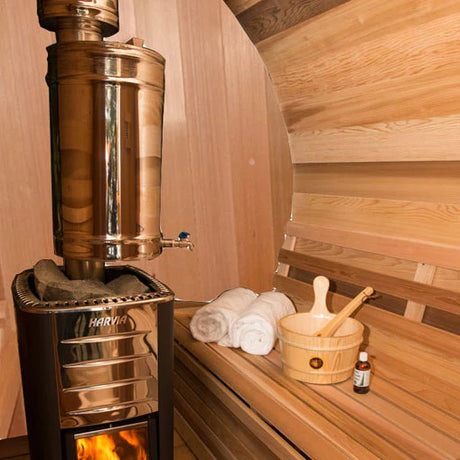 Dundalk Leisurecraft Canadian Timber Tranquility MP Barrel Sauna - Knotty Cedar Bevel Roof Barrel Sauna
